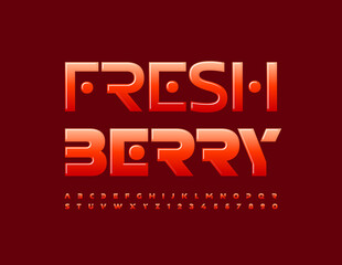Vector delicious sign Fresh Berry. Red Glossy Alphabet Letters and Numbers set. Bright modern Font