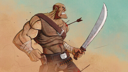 Big bad guy with machete and bloody clothes stands ready to attack in the middle of the desert. 2D illustration.