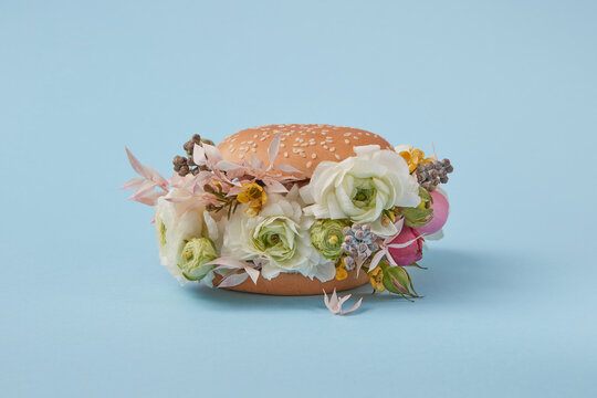 One burger with peonies