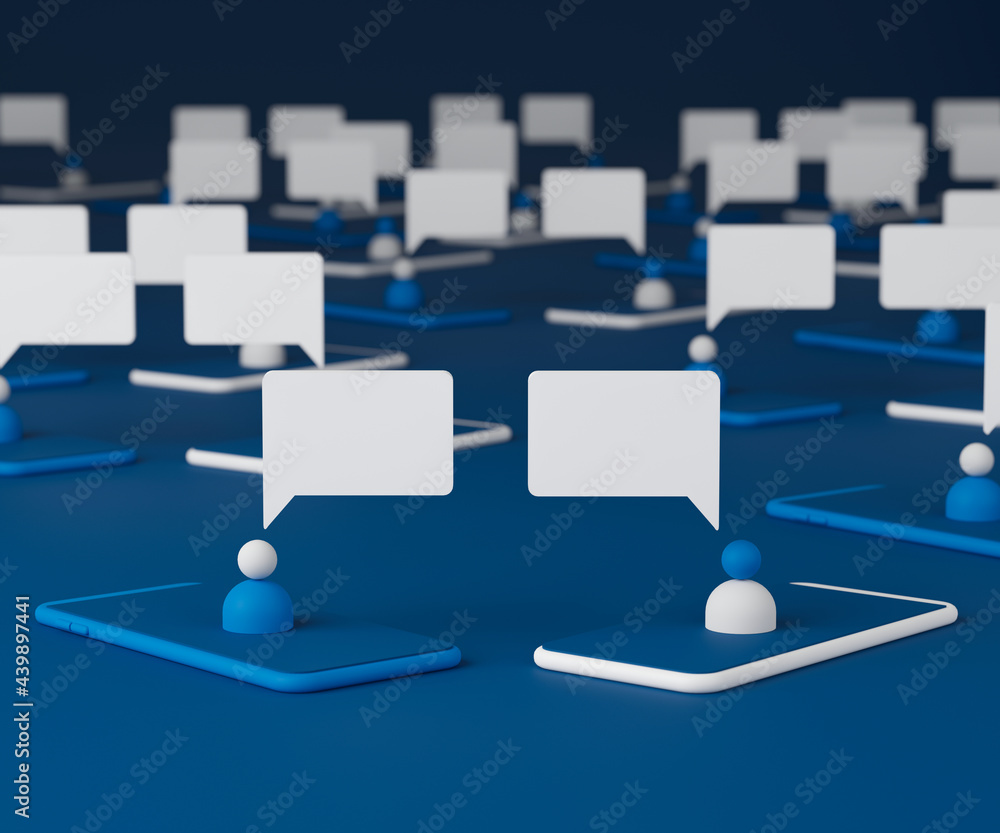 Poster 3d rendering concept people communicate with each other by using smartphone.