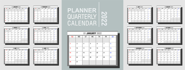 Planner, quarterly calendar. Template for monthly calendar, 2022 in English. The week starts on Sunday. Calendar grid for each month. calendar template for your corporate identity with space for notes
