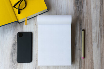 Work station with notebook, phone