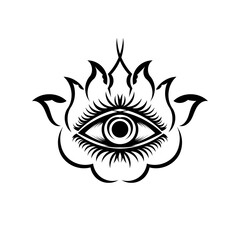 Abstract symbol of All-seeing Eye in Boho Indian Asian Ethno style for tattoo black on white for decoration T-shirt or for coloring page or adult coloring book. Concept magic occultism esoterics