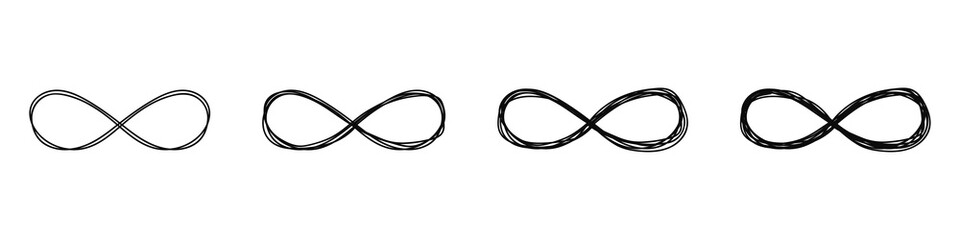 Set of infinity symbols drawn by one line isolated on white background. Repetitions or unlimited cycling. Vector illustration