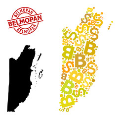 Distress Belmopan stamp seal, and money collage map of Belize. Red round stamp contains Belmopan text inside circle. Map of Belize collage is composed from money, dollar, bitcoin yellow elements.