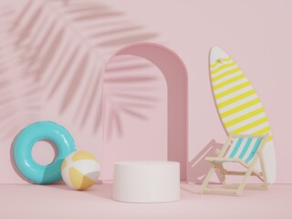 3d render of minimal display podium with summer season background concept. Minimalist pedestal for web banner and mock up.