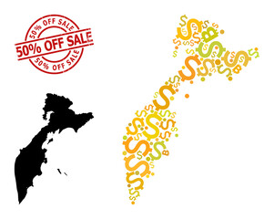 Distress 50% Off Sale stamp, and money mosaic map of Kamchatka Peninsula. Red round stamp seal includes 50% Off Sale tag inside circle. Map of Kamchatka Peninsula mosaic is constructed from finance,