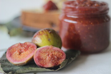 Farm fresh cut fig shot along with home made fig conserve and bread slices