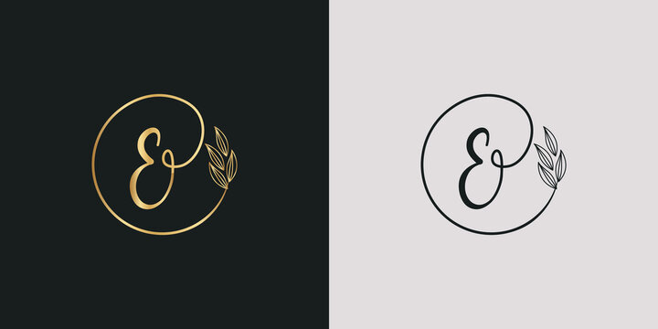 luxury golden signature letter E isolated circle with leaves ahead. vector monogram for cosmetic, restaurant, boutique, hotel , nature logo concept vector