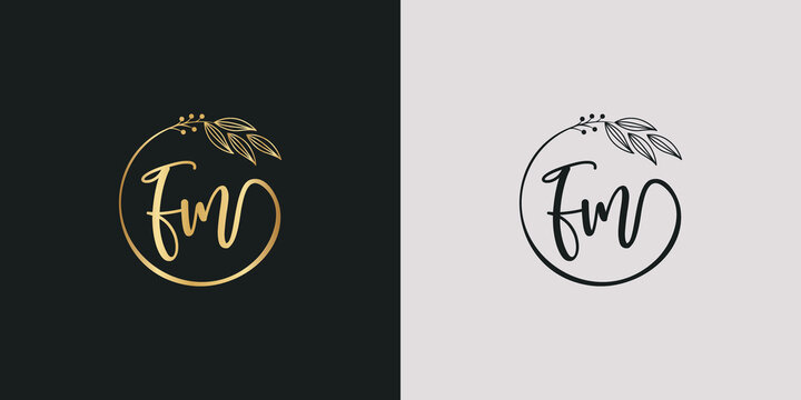 luxury golden signature letter F and m isolated circle with leaves ahead. vector monogram for cosmetic, restaurant, boutique, hotel , nature logo concept vector