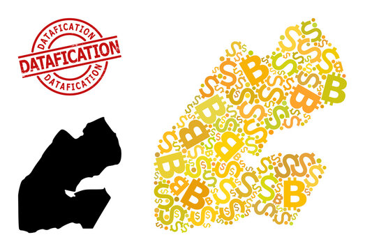 Textured Datafication stamp seal, and money mosaic map of Djibouti. Red round stamp includes Datafication tag inside circle. Map of Djibouti mosaic is created from financial, dollar,