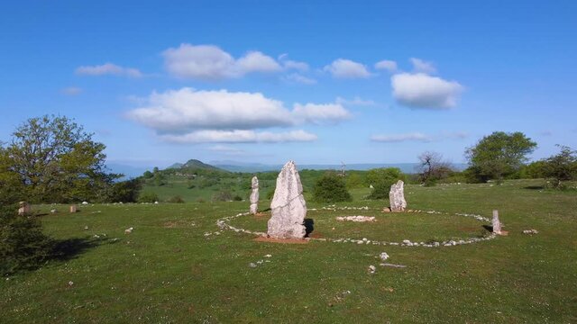 Cromlech de Mendiluze in the Campas de Legaire. Spring landscape in the Sierra de Entzia. Alava province. Basque Country, Spain, Europe