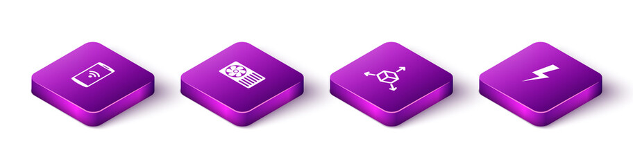 Set Isometric Smartphone with wireless, Air conditioner, Isometric cube and Lightning bolt icon. Vector