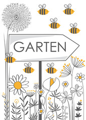Wegweiser Garten, Bienen und Blumen Cartoon mit Gartenschild und Hinweisschild zur Wohlfühloase 