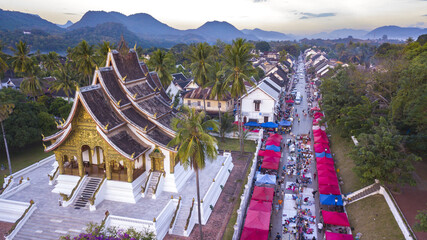 Drone aerial view of Luang Prabang an UNESCO World Heritage city in Laos.