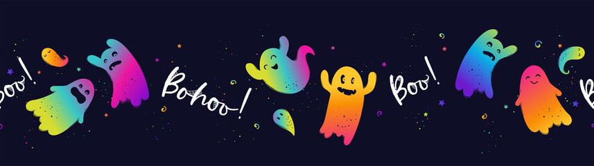 Fun hand drawn ghosts seamless pattern, cute and spooky Halloween background, great for textiles, wrapping, cloth, banners, wallpapers - vector design