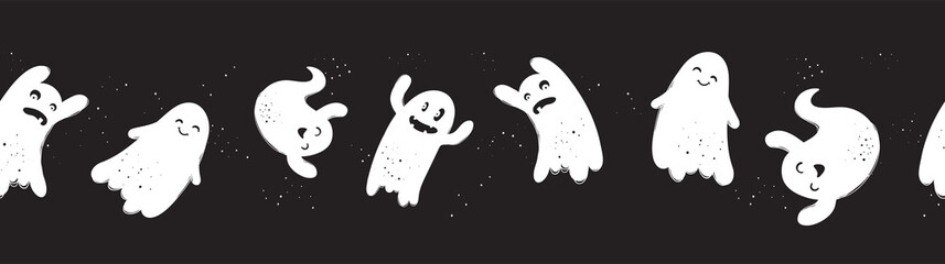 Fun hand drawn ghosts seamless pattern, cute and spooky Halloween background, great for textiles, wrapping, cloth, banners, wallpapers - vector design