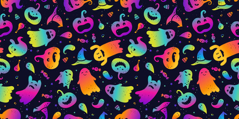 Naklejka premium Fun hand drawn ghosts seamless pattern, cute and spooky Halloween background, great for textiles, wrapping, cloth, banners, wallpapers - vector design