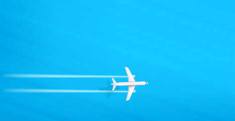 Naklejka premium Jetliner flight above the blue sea on top speed. Aircraft with turbines trace and shadow. Horizontal banner