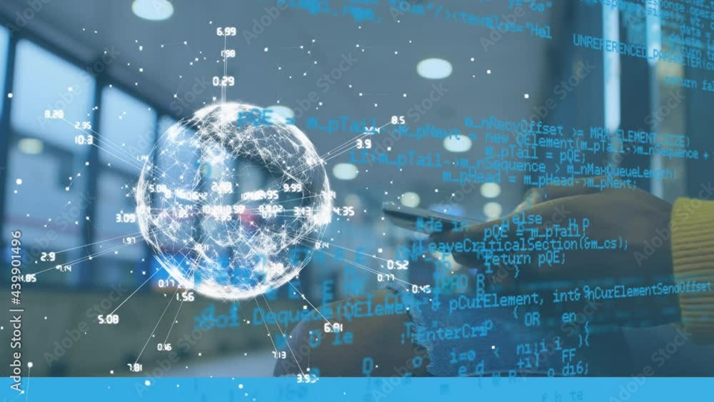 Poster Animation of financial data processing and globe over woman using smartphone