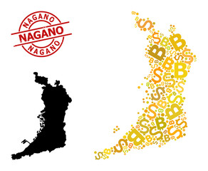 Textured Nagano seal, and money collage map of Osaka Prefecture. Red round stamp seal includes Nagano text inside circle. Map of Osaka Prefecture collage is done from currency, funding,
