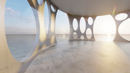 Architecture interior background room with sea view 3d render