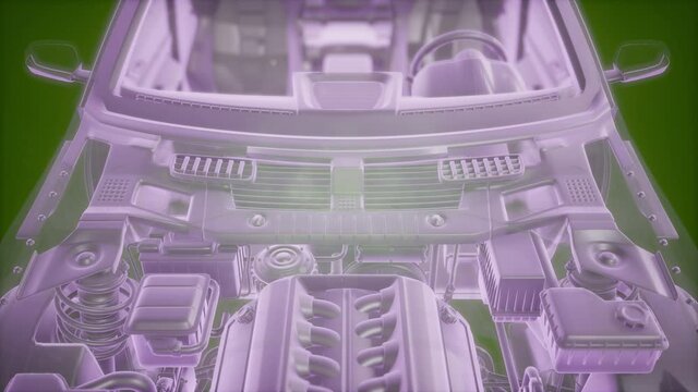 Holographic animation of 3D wireframe car model with engine