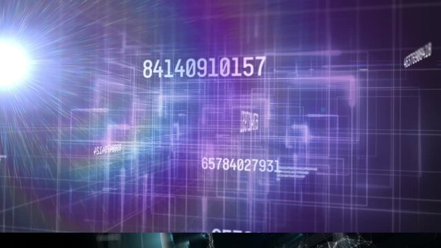 Animation of numbers changing and data processing over glowing light over grid on purple background