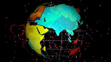 Animation of globe and confetti with red hearts - Powered by Adobe