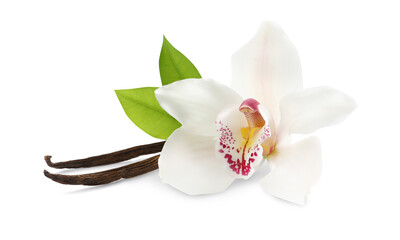 Obraz na płótnie Canvas Aromatic vanilla sticks, beautiful orchid flower and green leaves on white background