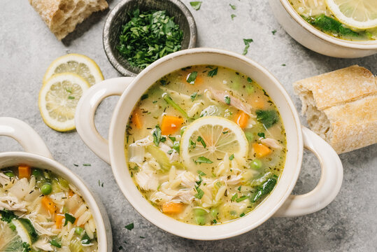 Overhead Lemon Orzo Chicken Soup Dinner