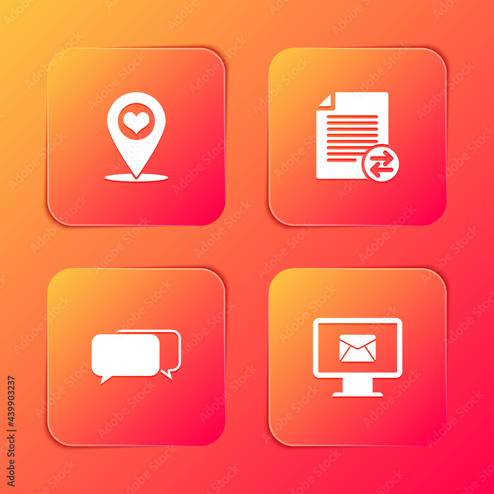 Poster set map pointer with heart, transfer files, chat and monitor and envelope icon. vector