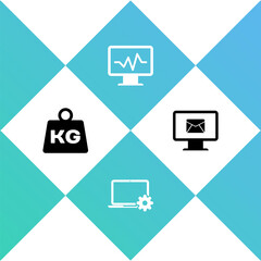 Set Weight, Laptop and gear, Monitor with cardiogram and envelope icon. Vector
