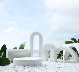 Geometric concrete podium on tropical beach with flowers. Empty showcase for packaging product...