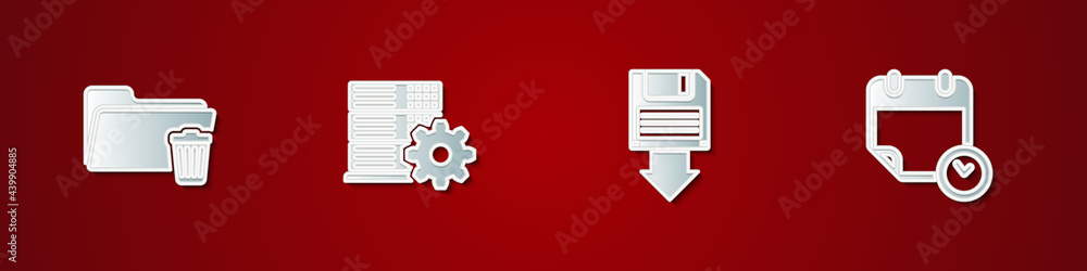 Poster set delete folder, server setting, floppy disk backup and calendar and clock icon. vector
