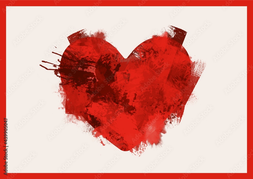 Aufkleber composition of red heart with copy space and red frame on cream background