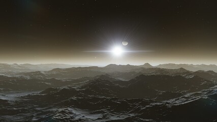 beautiful view from an exoplanet, a view from an alien planet, a computer-generated surface, a fantastic view of an unknown world, a fantasy world 3D render