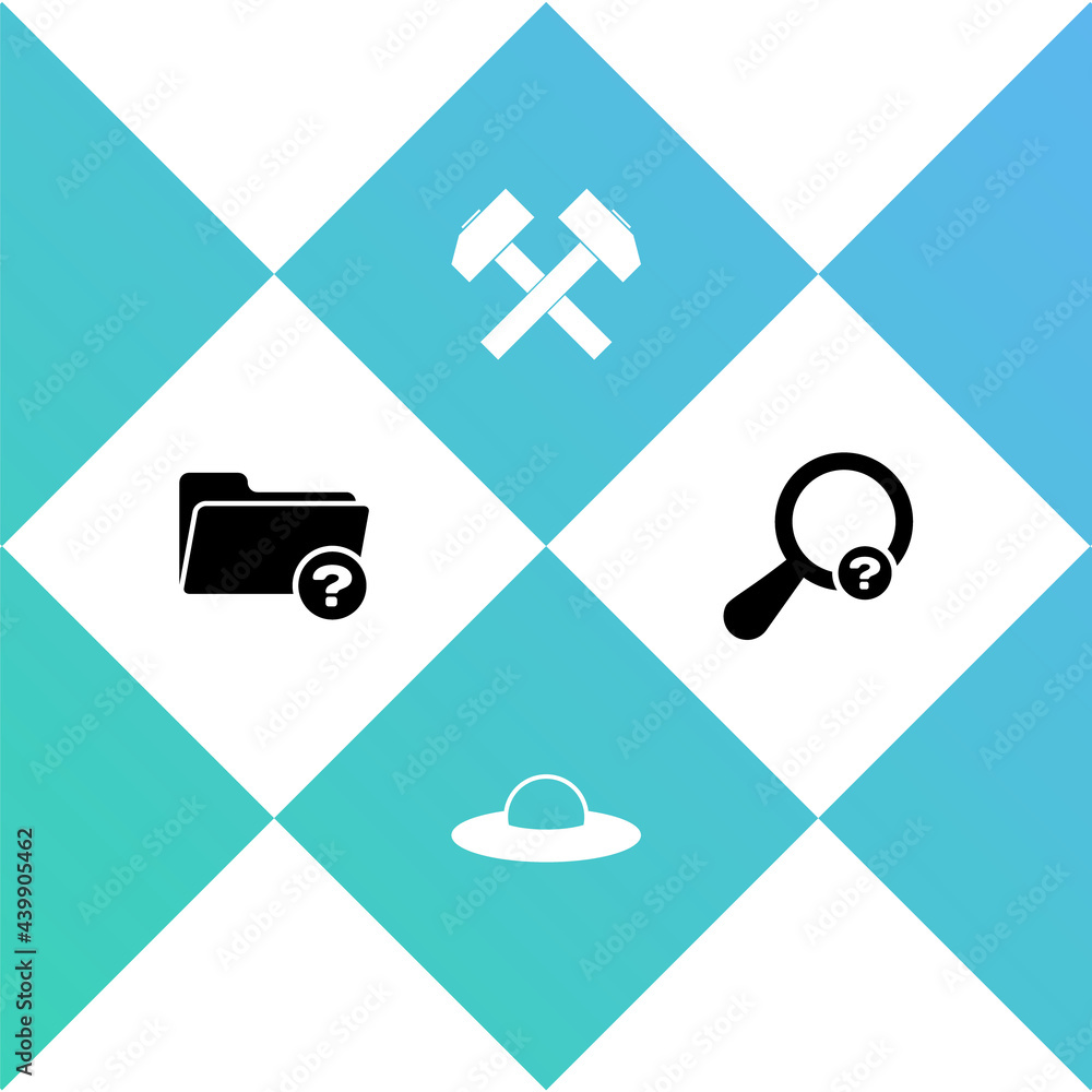 Poster set unknown directory, ufo flying spaceship, two crossed hammers and search icon. vector