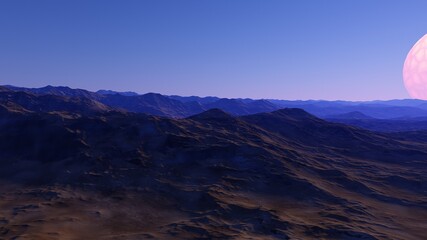 beautiful view from an exoplanet, a view from an alien planet, a computer-generated surface, a fantastic view of an unknown world, a fantasy world 3D render