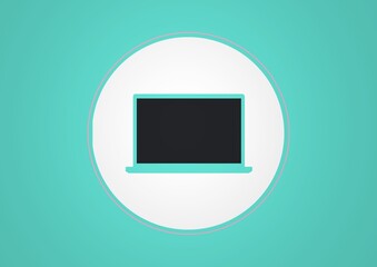 Composition of computer screen in white circle on blue background