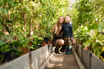 Naklejka na ściany i meble Woman with her son on a walk in the greenhouse