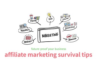 Composition of marketing survival tips text in red with business, media and marketing icons on white
