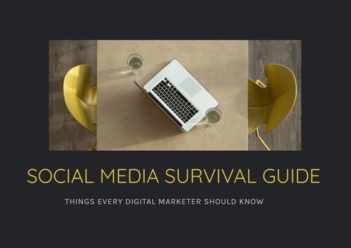 Composition of social media survival guide text in yellow with laptop on cafe table, on black - Powered by Adobe