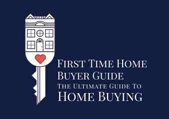 Composition of home buyer guide text in white, with house key and heart design on blue