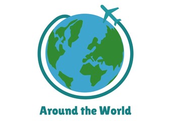 Composition of around the world text, with aeroplane circling globe, on white
