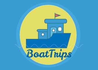 Composition of boat trips text, with boat and sun design on blue