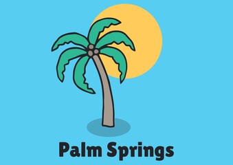 Obraz premium Composition of palm springs text, with palm tree and sun on blue