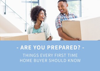 Composition of first time home buyer text in white, with happy couple holding boxes, on blue
