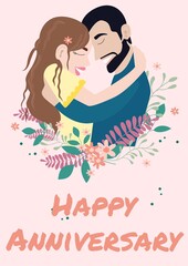 Composition of happy anniversary text with happy couple in love and floral design on pink background