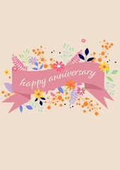 Fototapeta na wymiar Composition of happy anniversary text with floral design on cream background